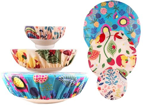 3 PCS Beeswax Bowl Covers Reusable Beeswax Food Wrap Stretch Cloth Fabric Elastic Food Storage Covers Cotton Bread Bowl Covers Reusable Lids for Food Fruits Leftover