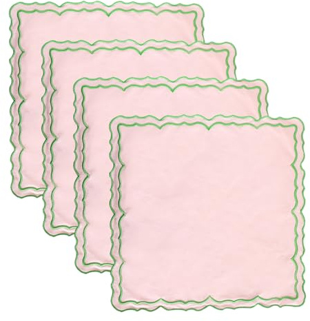MIKI WELL Scalloped Embroidery Cloth Napkins Set of 4 14X14 Cotton Napkins for Potluck Party Wedding Table Decor(Square Pink with Green Trim)