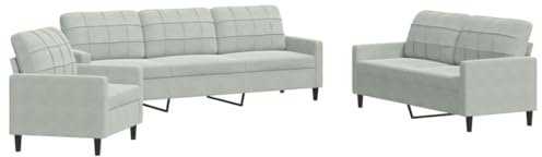 vidaXL 3-TLG. Sofagarnitur mit Kissen Hellgrau Samt, Sofa, Fernsehsessel, Sessel, Sofa Set, Relaxsofa, Samtsofa, Wohnzimmermöbel, Sofa gepolstert