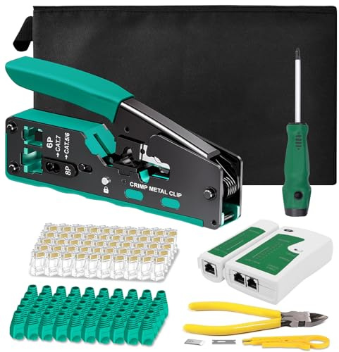 RJ45 Crimpzange Set,Netzwerk Werkzeug für CAT5/CAT6/CAT7 Netzwerkstecker,50x RJ45 Stecker für Cat6 Ethernet-Kabel,50 Stück Stiefel,RJ45/RJ11/RJ12 Reparaturwerkzeuge