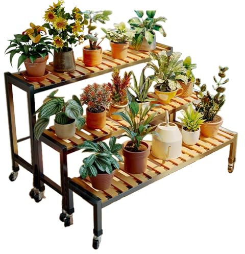 DECORN 3 Tier Métal Plante Stand avec Roues pour Extérieur Intérieur - Étagère empilable Robuste pour Grandes Plantes Pot de Fleurs - Présentoir de Jardin,Noir,100cm/39.4 L