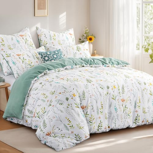 RUIKASI Parure de lit 3 pièces en coton 200 x 200 cm - Linge de lit en coton 200 x 200 avec fleurs, Ensemble de housse de couette en coton avec fermeture éclair