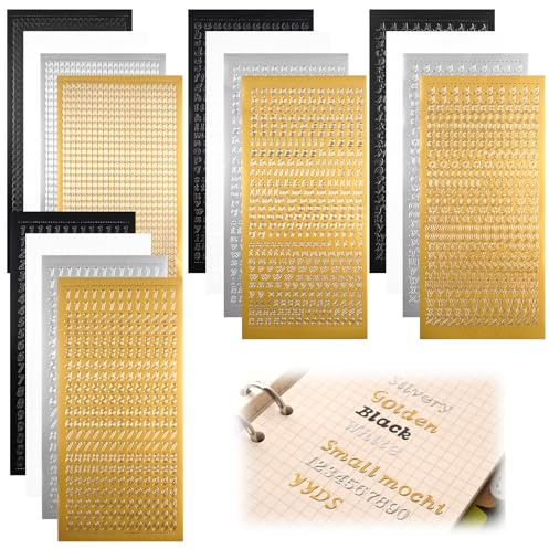 16 Hojas Letras Autoadhesivas PVC 3D Termoestampadas Autoadhesivo Letras Mayúsculas y Minúsculas Números Símbolo Ideal para Scrapbooking, Bullet Journal y Manualidades DIY (Oro/Plata/Blanco/Negro)