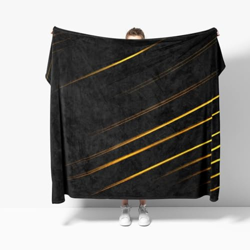 Kuscheldecken XXL 180x220 cm Weich Flauschig Goldlinien-Design Flanell Fleecedecke, Schwarz Kuscheldecke Warm TV Sofadecke Tagesdecke Kinderdecken, Wohndecke Für Bett