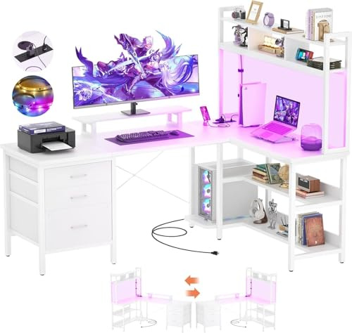 iSunirm Escritorio Forma de L con gabinete, Escritorio de Juego de Esquina de 150 x 90 cm con Luces LED, Escritorio de computadora Reversible con Toma de Corriente y cajón para Archivos, Blanco