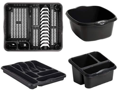 Homey Mart 4-Piece Kitchen Sink Set, Large Dish Drainer, 39cm Washing Bowl, Cutlery Tray and Sink Tidy, Colour - Black