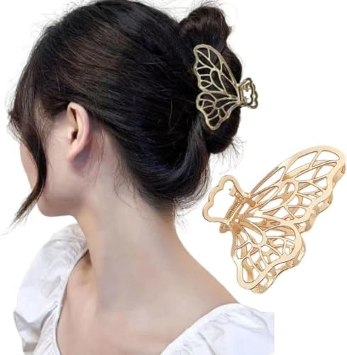 Goldene Schmetterlings-Haarspange aus Metall, dicke Haarspange, rutschfest, hohl, modisches Accessoire für Damen und Mädchen, mit langen, dicken, dünnen, lockigen Accessoires für Mädchen