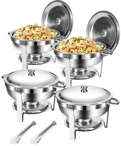 WENMILY Chafing Dish Buffet Set,5L Food Grade Stainless Steel,4Packs,Silver | Round Chafing Dishes ,Rolled Edge Design,Food Warmer with Lid Holder for Catering Buffet and Any Party