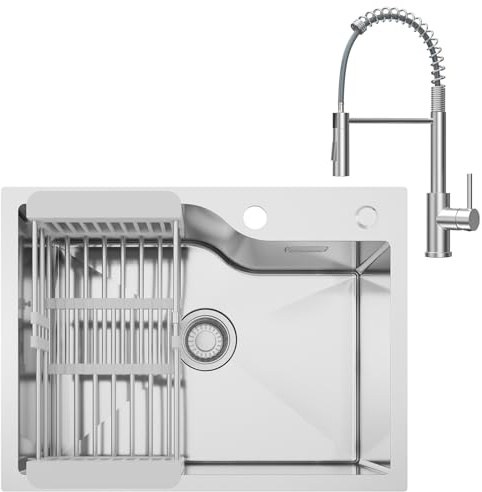 ANYCEE 60x45 cm Spülbecken Edelstahl mit Armatur, Edelstahlspüle Einbauspüle inkl Abtropfkorb für ab 60cm, Küchenspüle inkl Siphon & Über und Ablauf