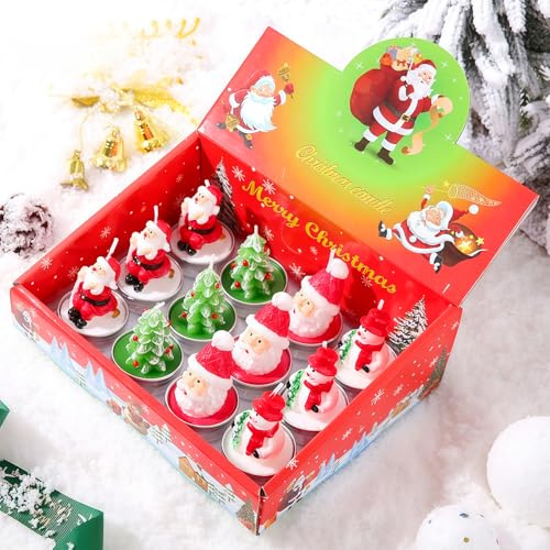 12 Stück Weihnachts Teelichter, Kreativ Deko-Kerzen mit Motiven (Weihnachtsmann, Schneemann, Weihnachtsbaum), Aus Naturwachs für Weihnachten, Adventsdekoration, Hochzeit & Wohndeko