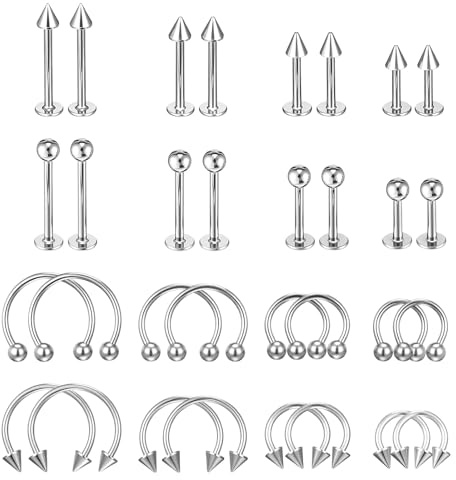 Bewudy 32Pcs Lip Rings, Stainless Steel Horseshoe Labret Lip Piercing Jewelry Snake Bite Piercing Jewelry Monroe Lips Barbell Ring Helix Earring Daith Tragus Cartilage Studs