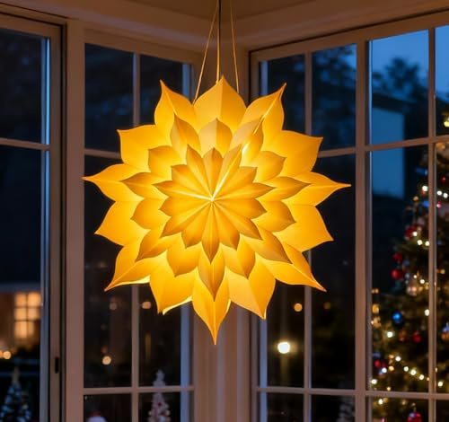 HOUISM Étoile de Noël lumineuse 3D - 50 cm - Étoiles pliantes en papier à suspendre - Pour fenêtre - Abat-jour - Décoration de Noël intérieure - Avec 3 guirlandes lumineuses LED