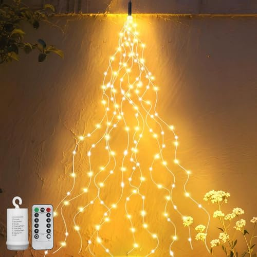 Lichterschweif 2M 400 LED,8 Modi Wasserdichte Wasserfall Lichterkette,Lichterbündel,Weihnachten Lichterkette,Weihnachtsbeleuchtung mit Batterie,Timer,Fernbedienung,Lichterstrang für Innen Außen Deko