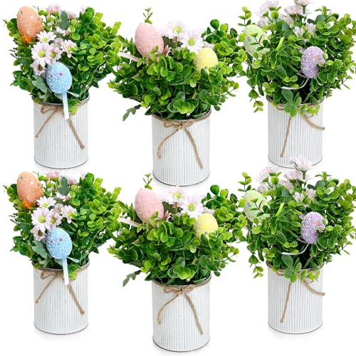 DIYDOFUN Spring Easter Table Decorations Centerpieces – Set of 6 Pre-Made Eggs Tabletop Arrangements with Rustic Metal Vase for Farmhouse Dining Room Home Kitchen Indoor Party Office Decor