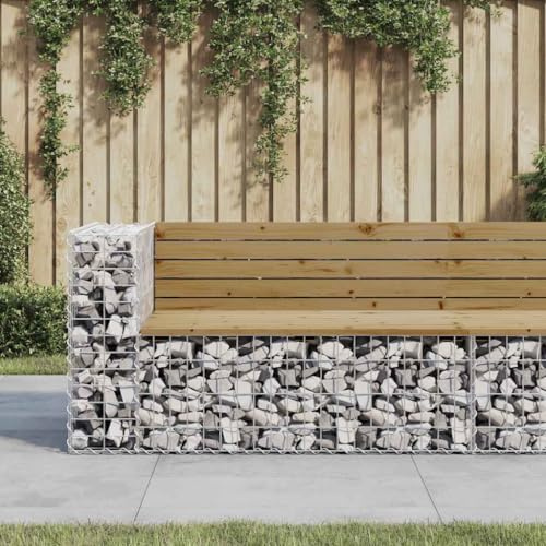 Hoopleep Gabion Garden Bench 122 x 71 x 65.5 cm, Impregnated Pine Wood, Galvanised Steel, Robust Seat for Outdoor, Garden Furniture