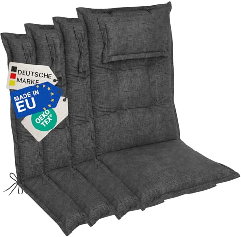 NYVI Hochlehner Auflagen NYVILux 120x50 cm Anthrazit 4er Set - 8 cm Komfort Sitzpolster - Gartenstuhlauflagen Outdoor & Indoor - Polsterauflagen mit Kopfteil - Sitzauflagen Made in EU, OEKO-TEX100