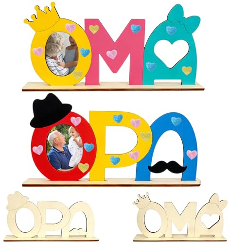 Oma Opa Geschenk aus Holz, Diy Bilderrahmen Set mit Oma und Opa Aufsteller Herz und Blumenstickern, Kann Bemalen und Fotos Ankleben, Oma Geschenk und Geschenk Opa Geburtstag Weihnachtsdeko