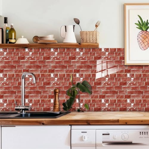 Piastrelle Adesive Cucina 30X30CM Mattone Rosso Mattonelle Adesive Cucina,Decorazione Murale in Pvc Impermeabile,Per Armadietto, Mobili,Può Essere Riutilizzato
