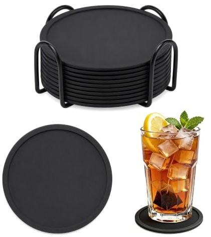 Shengxi 12 Pcs Posavasos de Silicona Redondos Negro con Soporte 10 cm | Antideslizante Aislante Redonda Posavasos Posavaso Lavables Impermeables para Bebidas Vasos Bar Vidrio