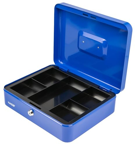 HMF Cassetta portavalori con chiusura a chiave, cassa con inserto portamonete, 5 scomparti per monete | 30 x 24 x 9 cm | Blu