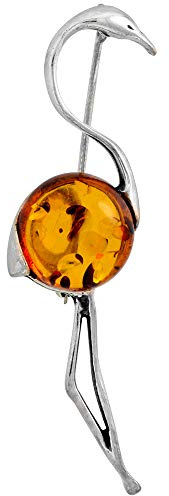 Sterling Silver Baltic Amber Flamingo Brooch Pin for Women Antiqued Finish Approx. 2 3/8 inch Wide