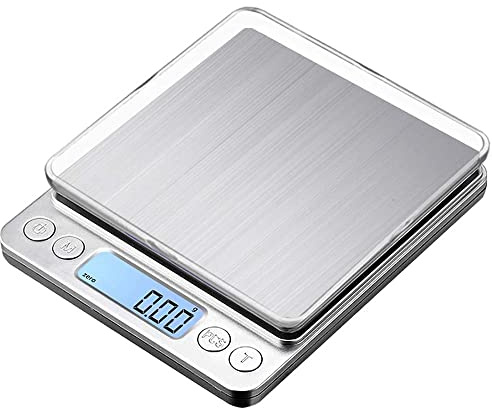 Amasawa Precision köksvåg, precisionssmyckevåg, professionell precisionsvåg, 0,01 g bärbar matvåg, med två brickor och batterier för kryddor, juveler, te, silver, guld, 0,01 g - 500 g