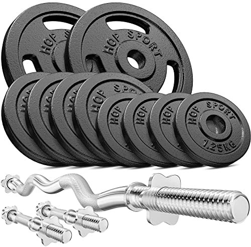 Hop-Sport Gusseisen Hantelset 37 kg mit SZ-Stange und Kurzhanteln, 2x 5 kg, 4x 2,5 kg, 4x 1,25 kg Set, inkl. Curlhantel, Kurzhantelstangen & Sternverschlüsse, Für Home Gym, 150 kg Max. Belastbarkeit
