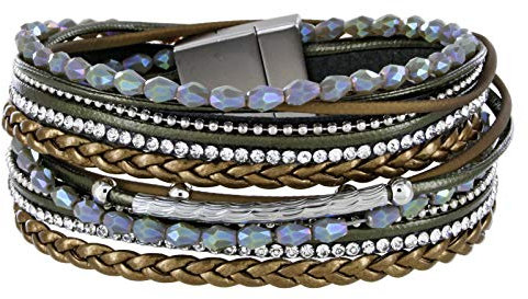 StarAppeal Armband Wickelarmband mit Perlen, Strass, Ketten und Flechtelement, Magnetverschluss Silber Matt, Damen Armband (Grün)