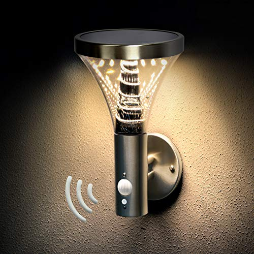 BRIMMEL SG601071 Applique murale solaire LED d'extérieur avec détecteur de mouvement sans fil étanche pour terrasse, véranda 3000 K 600 lm Blanc chaud IP44 Acier inoxydable