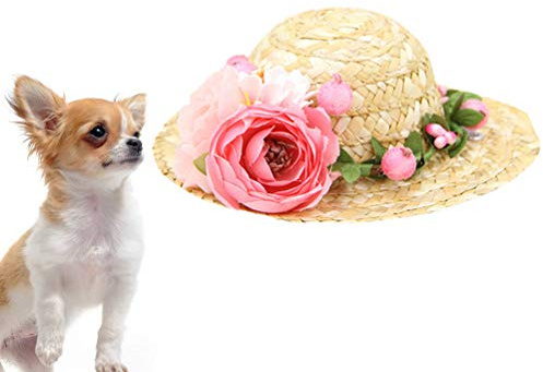 VILLCASE Sombrero Tejido de Paja Hawaiana para Perro, Tocado Creativo para Mascotas con Flores y Pajita para Mascotas (Margarita Rosa, Talla S)