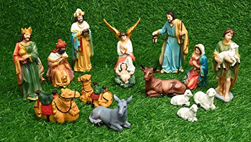 KariGhar® 15 pcs Nativity Set / Crib Set Perfect for Christmas Gifting & Decoration { Pack - Mary,Joseph,Baby Jesus, Angel, 3 Wise Men, The Shepherd & The Animals [ 6 Inch Idols Set ]