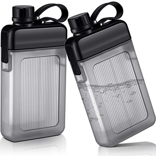 Honeydak 2 Pcs Flat Water Bottle 13oz Plastic Flask for Liquor Slim Square Bottles Portable Travel Mug Pocket Flask for Outdoor Sports (Black)