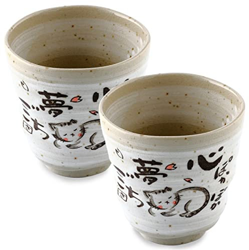 MIno Yaki (Ware) Tazze da tè giapponesi fatte a mano Yunomi Tazza da tè giapponese, design giapponese a forma di gatto, grigio, set da 2 pezzi, ceramica, set da tè giapponese, tè verde, tè matcha