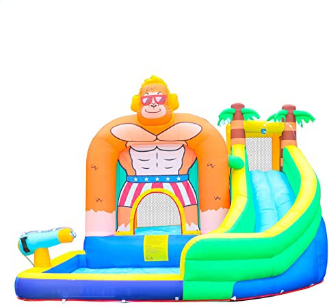 Castillo Hinchable de Mono Fuerte con Inflador de 450W, Pistola de Agua de Verano para 4 Niños, Trampolín Inflable, Castillo, Cama de Salto, Tobogán para Patio