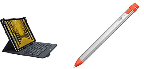 Logitech Universal Folio Tablet-Hülle mit Kabelloser Tastatur, Bluetooth- Schwarz & Crayon Digitaler Zeichenstift für alle ab 2018 veröffentlichten iPads mit Apple Pencil Technologie, Silber/Orange