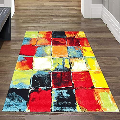 Teppich-Traum Moderner Designer Vorleger Kurzflor Teppich • Bunte Vierecke in blau gelb, Größe 80x150 cm
