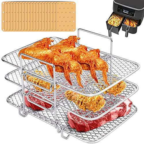 Jetcloud Air Fryer Rack with 50 Paper Liners Sheets 3 Layer Stackable Stainless Steel Rectangle Toast Dehydrator Rack Air Fryer Grilling Basket Tray Compatible With Ninja Double Air Fryer