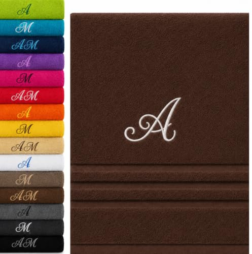 Pet-Jos Personalisiertes Badetuch mit Monogramm, wunderschön gestickte Buchstaben oder Namen, Monogramm-Handtuch, Badetuch, 100% Baumwolltuch (140 x 70 cm, braun)