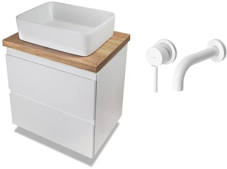 VBChome Badmöbel 60 cm Weiß Aufsatzwaschbecken mit Armatur 48x37 cm Aufsatzwaschtisch mit Waschbeckenunterschrank 2 Schubladen Moduo Badezimmerschrank