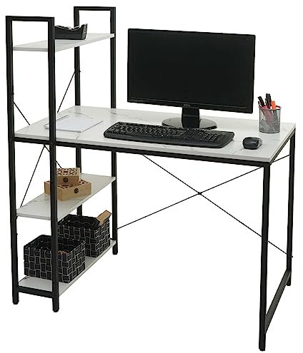 Mendler Schreibtisch mit Regal HWC-K81, Laptoptisch Bürotisch Arbeitstisch, 100x60cm Metall MDF - Marmor-Optik weiß