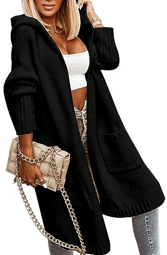 Tongmingyun Cardigan da donna lungo con cappuccio, invernale a maglia grossa, casual, casual, casual, a maglia lunga, giacca aperta