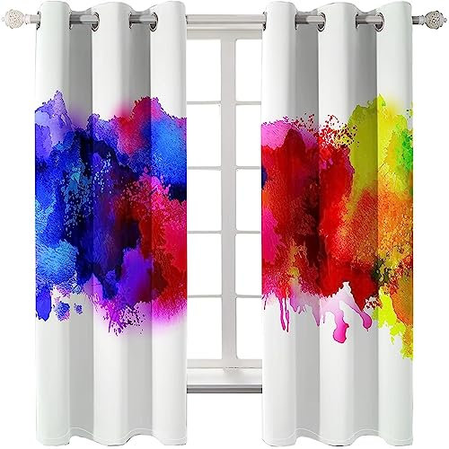 Homxi Küchenvorhang Blickdicht 2er Set,2 x 107W x 160H cm,Blickdichter Vorhang Thermo Mehrfarbig Abstrakte Graffiti Ösenvorhang Modern