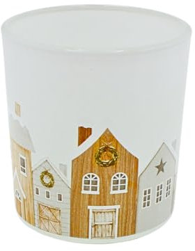 Dekohelden24 Stilvolles Windlichtglas - Teelichthalter in weiß, Motiv - Stadt im Winter -, L/B/H 7 x 7 x 8 cm