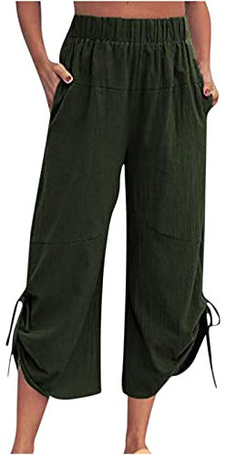 ANHATUIV 3/4-Hose mit weitem Bein für Damen, Sommer, Baumwolle, Leinen, lockere Damenhose, lockere Palazzo-Hose, einfarbig, Baumwolle, Leinen, lockere Kordelzugtasche, kurze Hose, Taschen, 01 grün, L