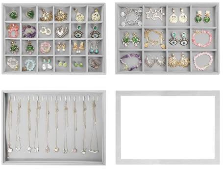 Wudygirl Stapelbares Schmucktablett mit Deckel, 4 Stück, Schmuck-Organizer, Schubladeneinsatz, Samt, Ohrringe, Halskette, Ring, Armband, Organizer für Damen und Mädchen (4er-Set, grau)