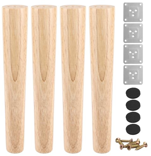 ZOFUN 4 stycken möbelfötter i trä, bordsben, 30 cm, massivt trä, koniska ersättningsmöbelfötter, sofffötter, träben, möbelben med monteringsplattor och skruvar för soffa, säng, skåp, soffa, stol