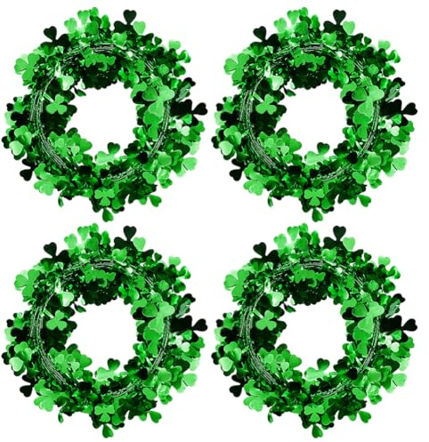FSSTUD 4 Stück grüne Lametta-Girlande, St. Patrick's Day, Kleeblatt-Drahtgirlande, zum Aufhängen, metallisch, Draht, Kleeblätter, Girlande, Banner, Dekorationen, irisches Partyzubehör