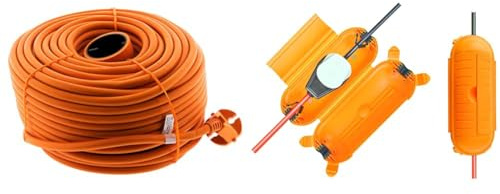 Zenitech Verlängerungskabel, 16 A, HO5VV-F, 2 x 1,5 mm², Orange, 50 m. & Brennenstuhl Safe-Box Big IP44 / Schutzbox für Verlängerungskabel (Schutzkapsel für Kabel im Außenbereich) gelb