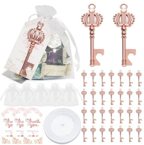 30 Pezzi Apribottiglie Chiave con Etichetta di Ringraziamento Sacchetti in Organza e Nastro Apribottiglie Chiave Scheletro Vintage Bomboniere Apribottiglie per Addio Al Nubilato,(Oro rosa/corona)
