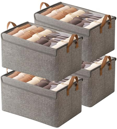 AARAINBOW Stoff Aufbewahrungsbox mit Deckel & Griff, 4 Stück Faltbare Aufbewahrung für Schrank, Stapelbare Aufbewahrungsbox für Kleidung Spielzeug, 40x27x21cm (4 Grau)